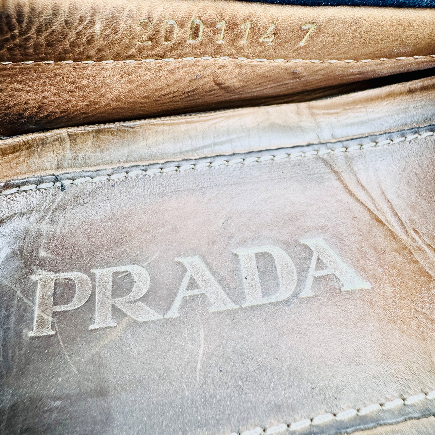 Inside Sole and Size Code Image of Prada Men's Navy Logo Driving Loafers (Size 41/41.5)