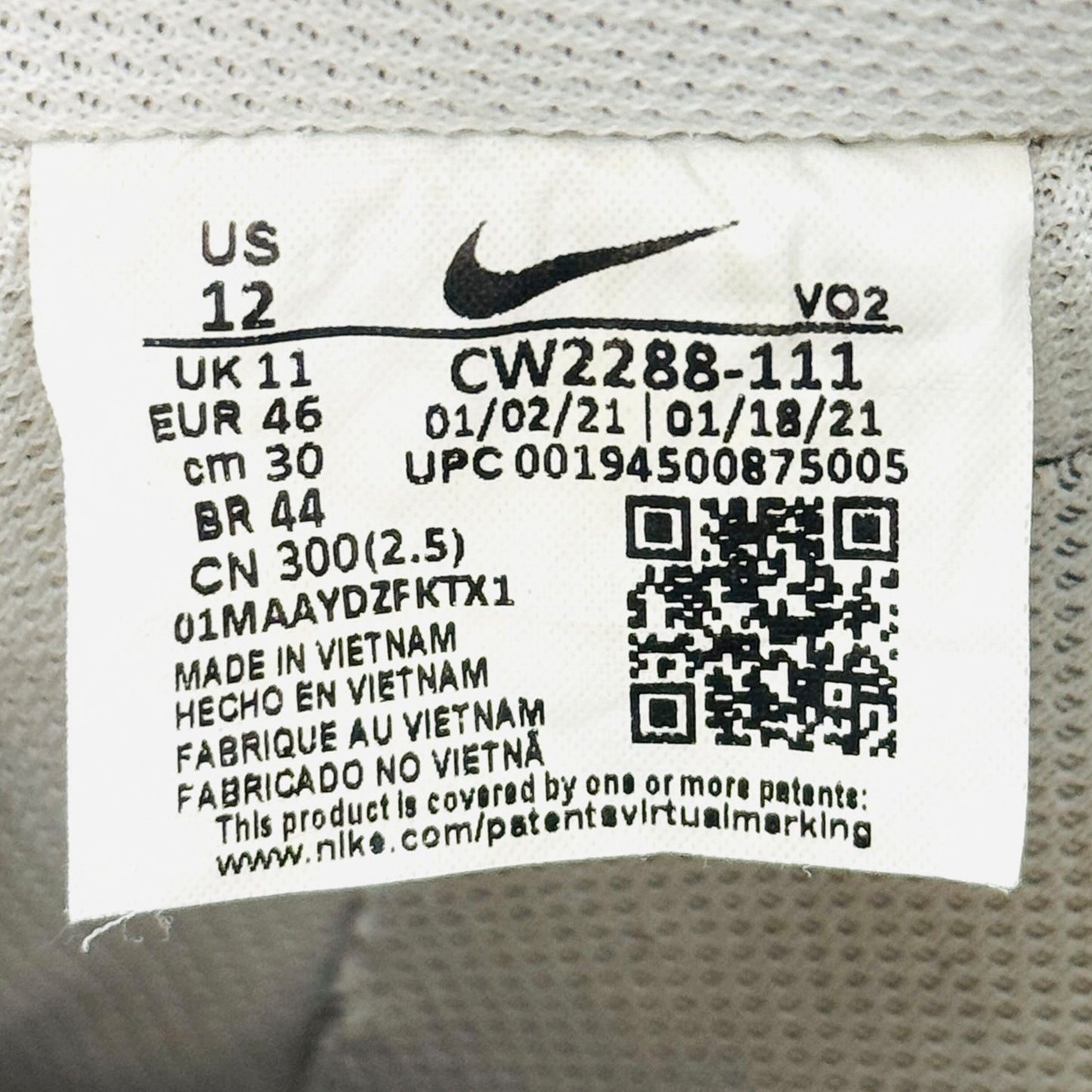 Inside tag image of Nike Men's White Airforce 1'07 Sneakers (Size 46) - CW2288-111