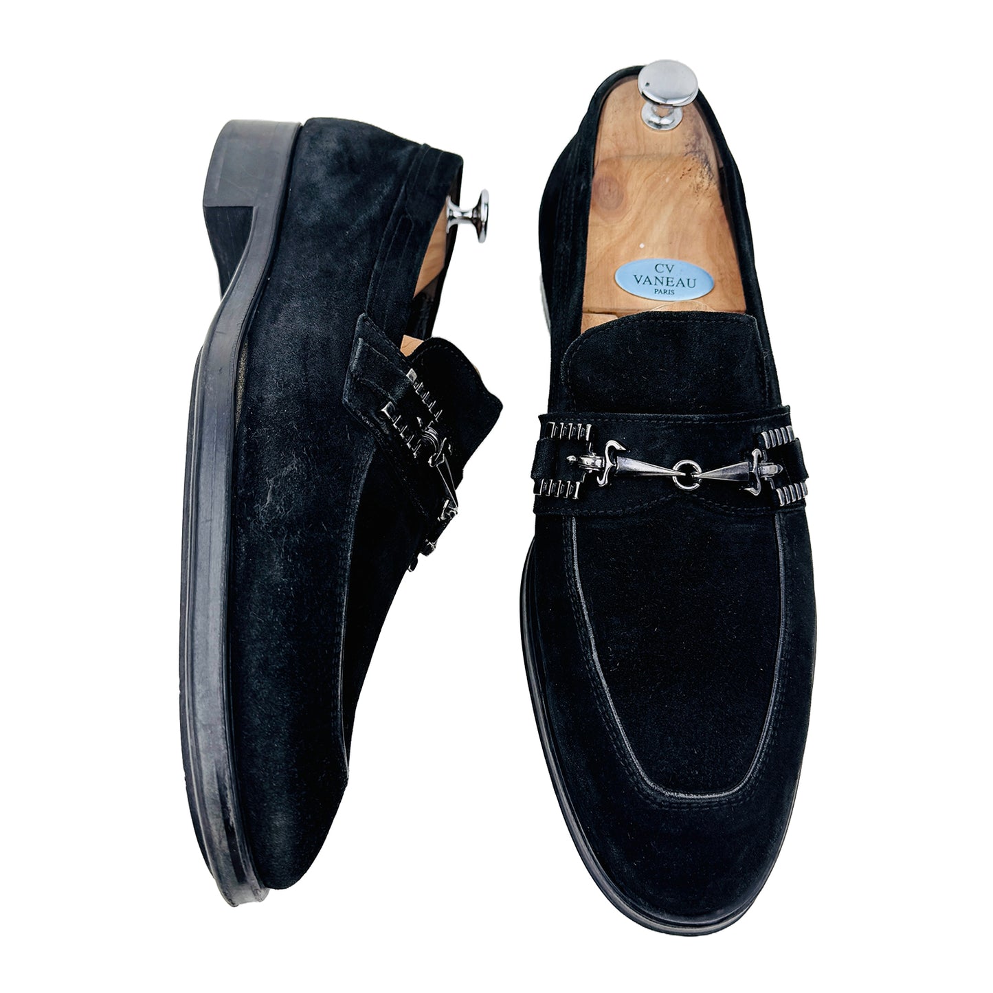 One Shoe Side and One Shoe Front Image of Cesare Paciotti Men's Black Suede Dress Loafers (Size 44.5/45)