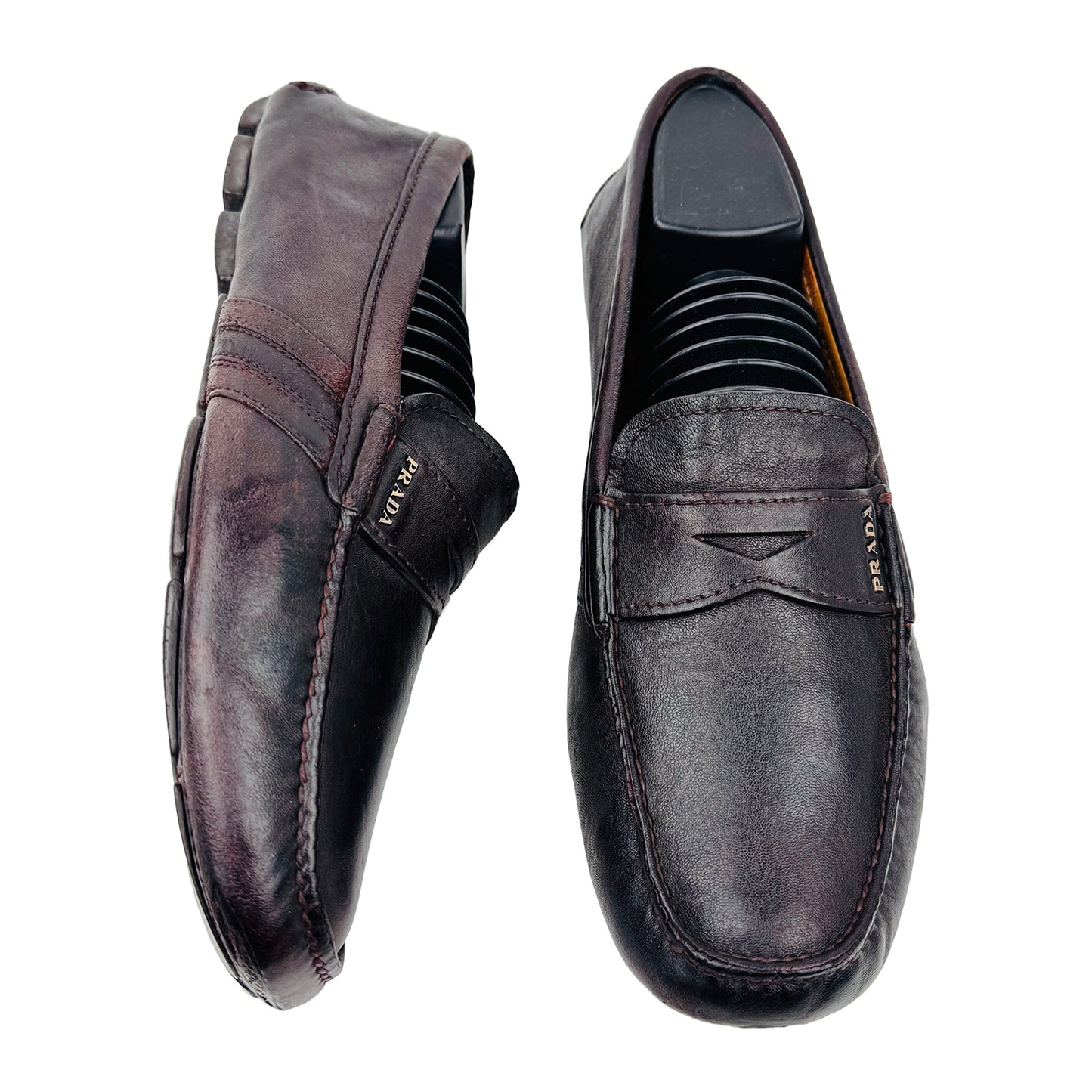 One Shoe Side and One Shoe Front Image of Prada Men's Brown Leather Loafers (Size 42/42.5)