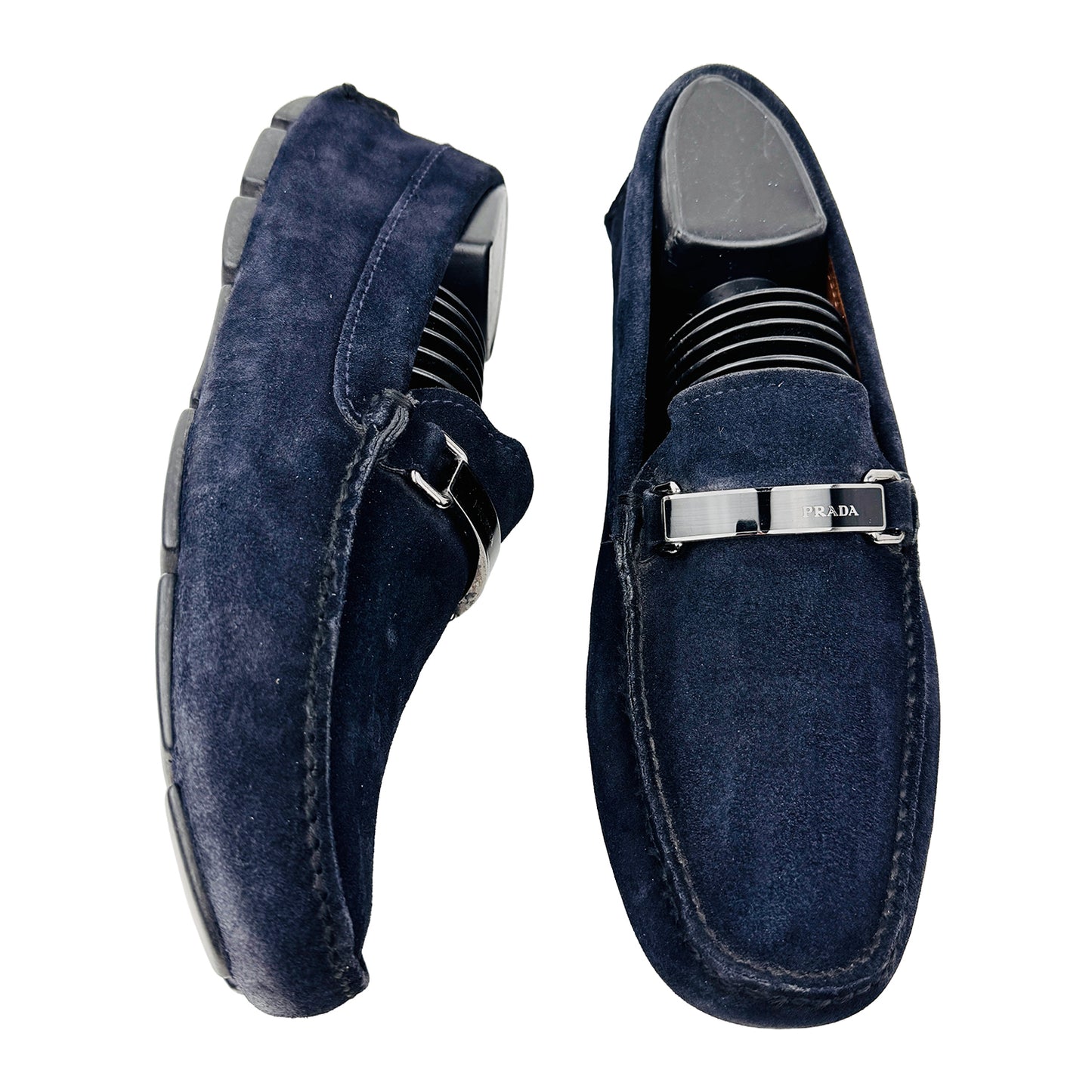 One Shoe Side and One Shoe Front Image of Prada Men's Navy Logo Driving Loafers (Size 41/41.5)