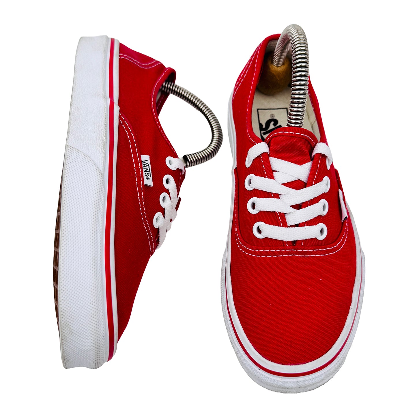 One Shoe Side and One Shoe Front Image of Vans Off The Wall Low Top Red Shoes (Size 36) - 721356