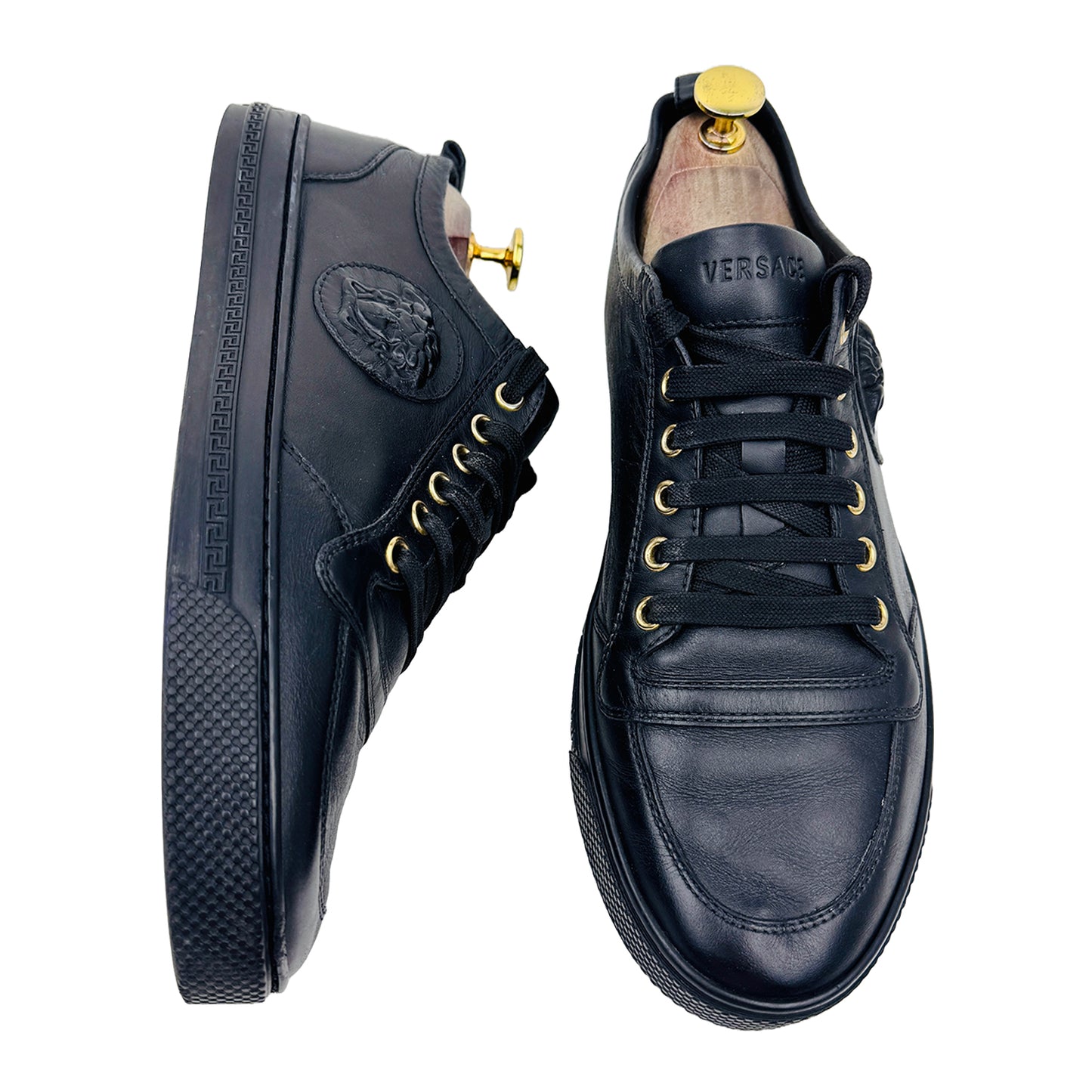One Shoe Side and One Shoe Front Image of Versace Medusa Black Lace Up Sneaker Shoes (Size 42/42.5)