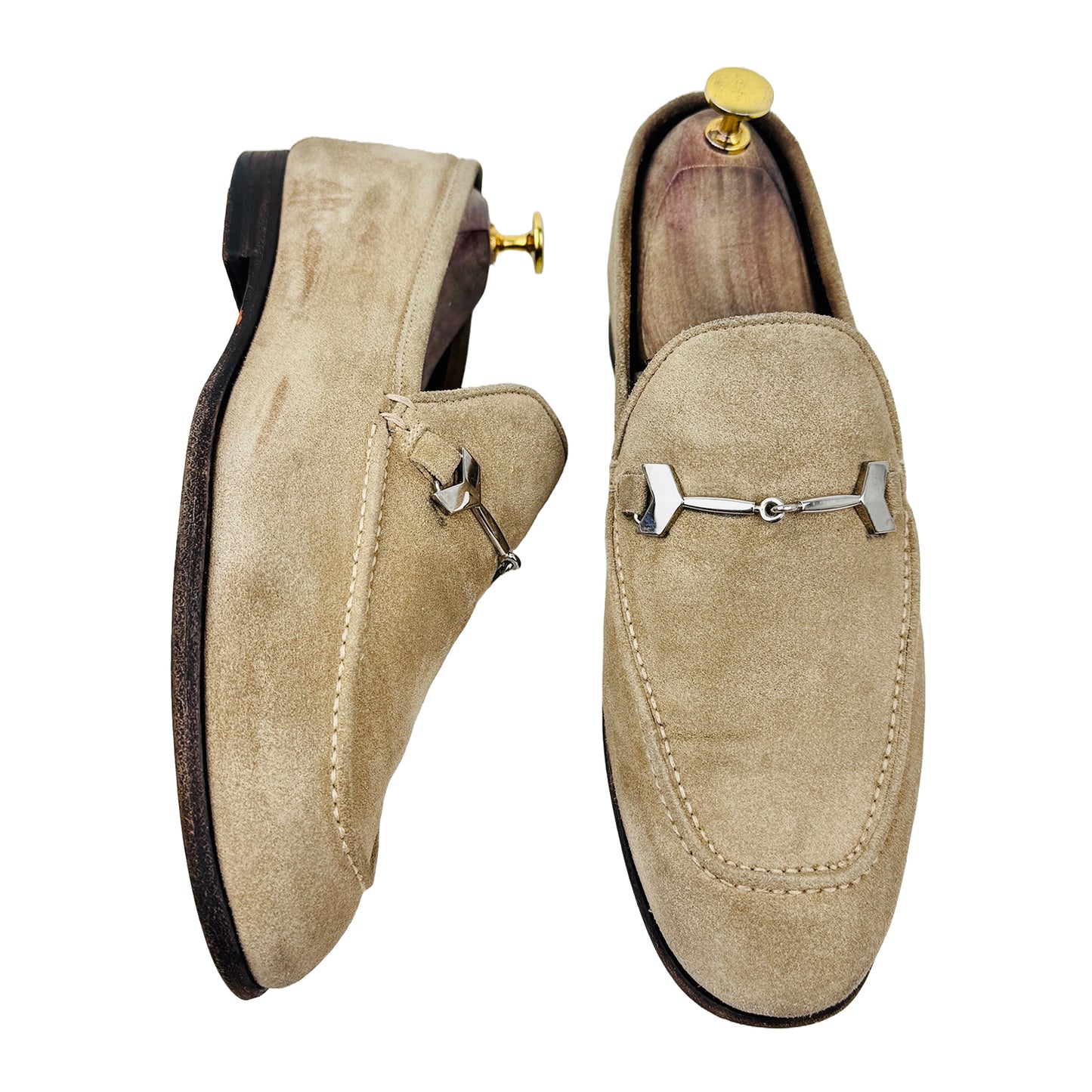 One shoe side and one shoe Front Image of Jimmy Choo Marti Metallic Horsebit Loafer Shoes (Size 42.5/43)