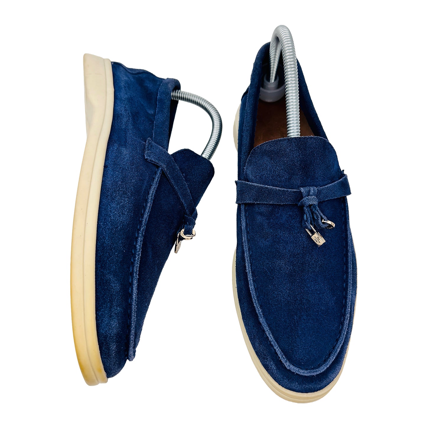 One shoe side and one shoe Front Image of Loro Piana Summer Charms Walk Blue Loafers (Size 41) K53076