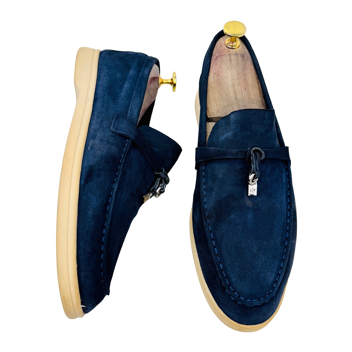 One shoe side and one shoe Front Image of Loro Piana Summer Charms Walk Blue Loafers (Size 42)