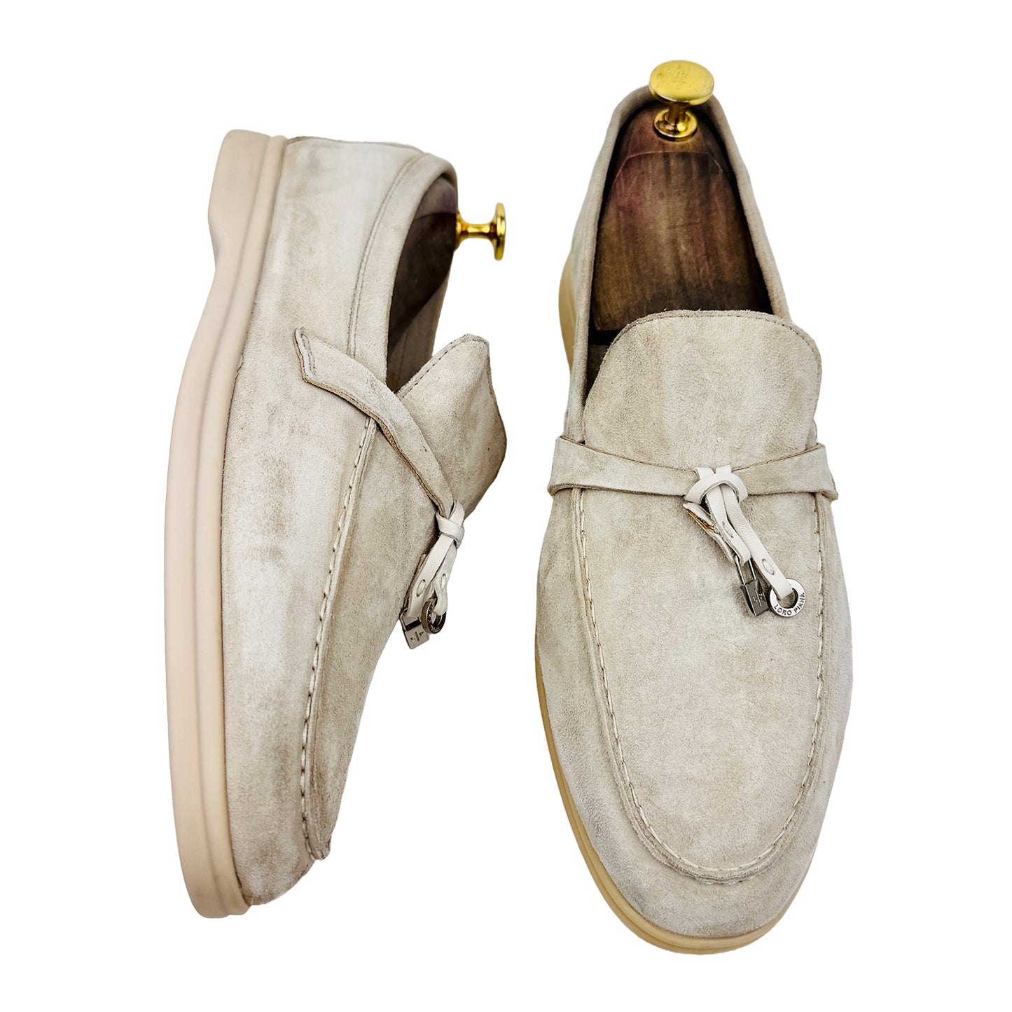 One shoe side and one shoe Front Image of Loro Piana Summer Charms Walk Light Gray Loafers (Size 42)