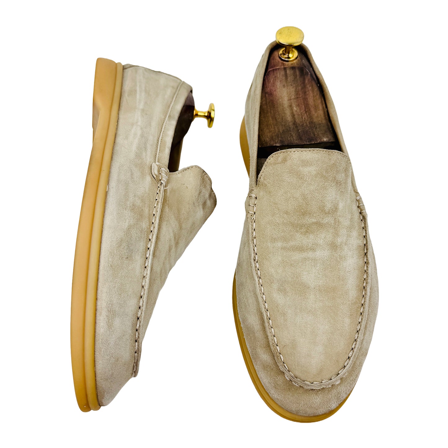 One shoe side and one shoe Front Image of Loro Piana Summer Walk Beige Loafers (Size 42) Z62816