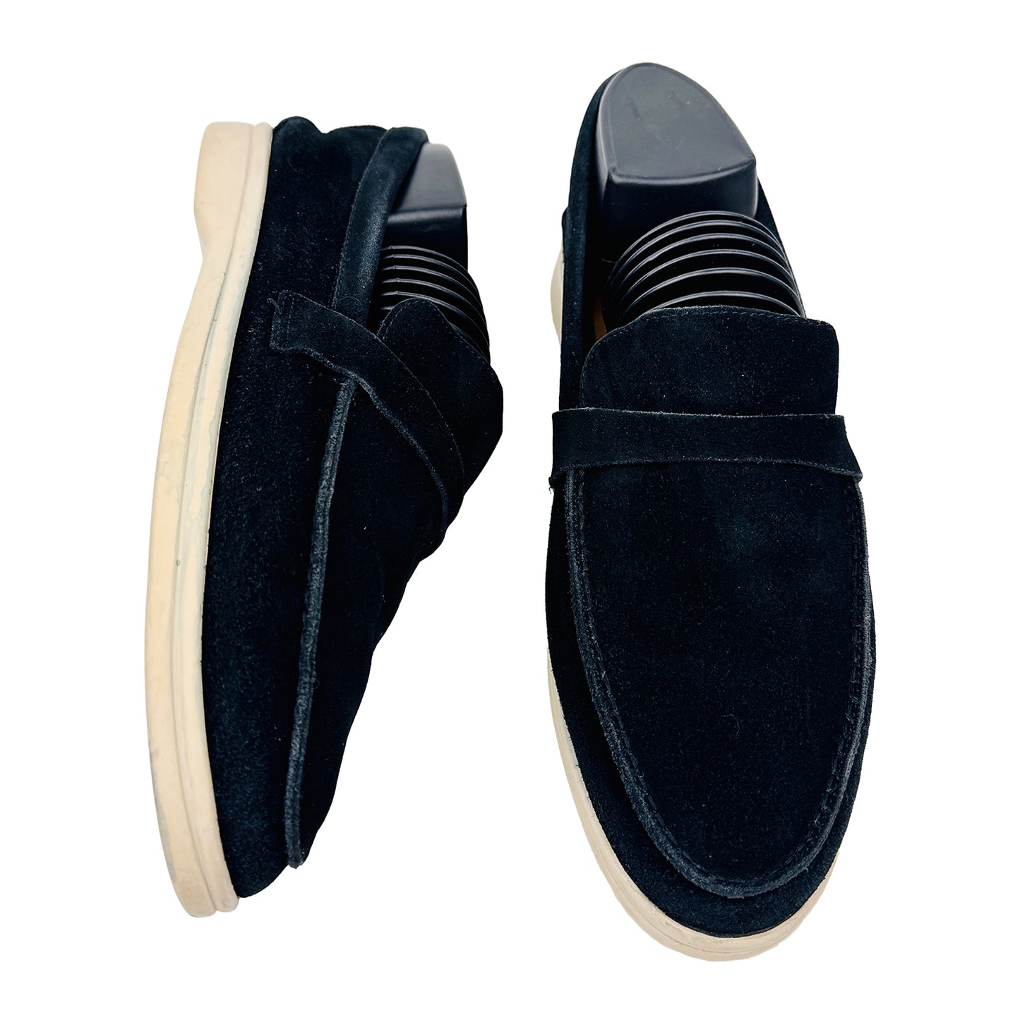 One shoe side and one shoe Front Image of Loro Piana Summer Walk Black Loafers (Size 38)
