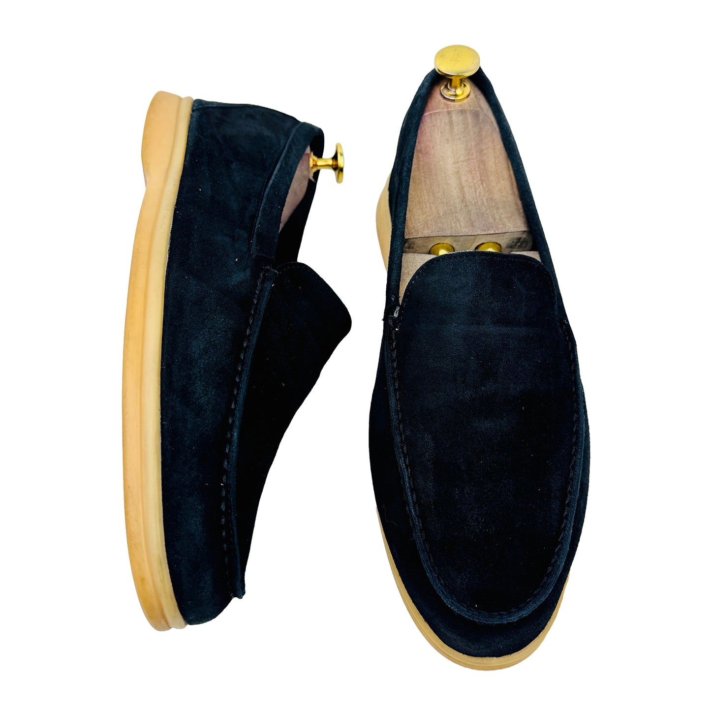 One shoe side and one shoe Front Image of Loro Piana Summer Walk Black Loafers (Size 42) H18068