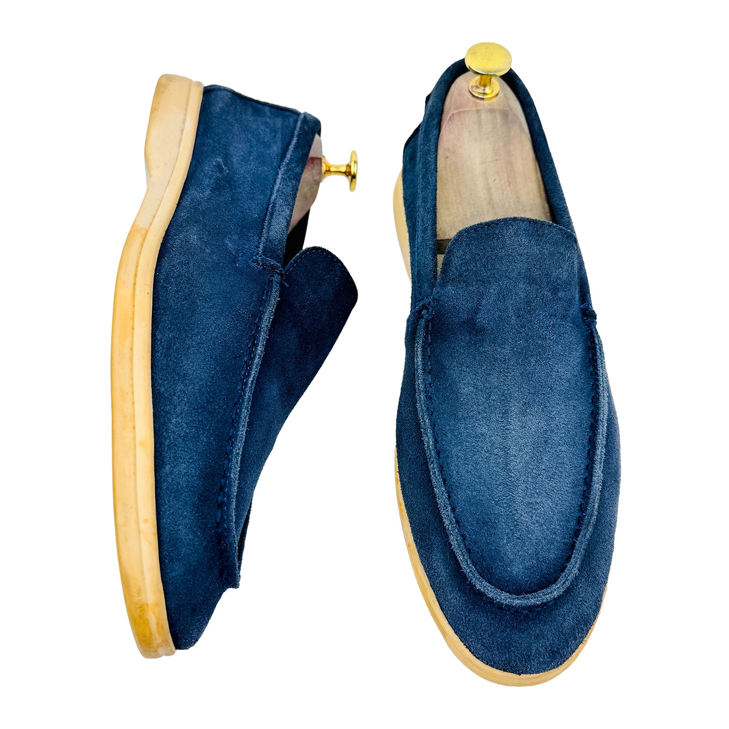 One shoe side and one shoe Front Image of Loro Piana Summer Walk Blue Loafers (Size 42) H18068