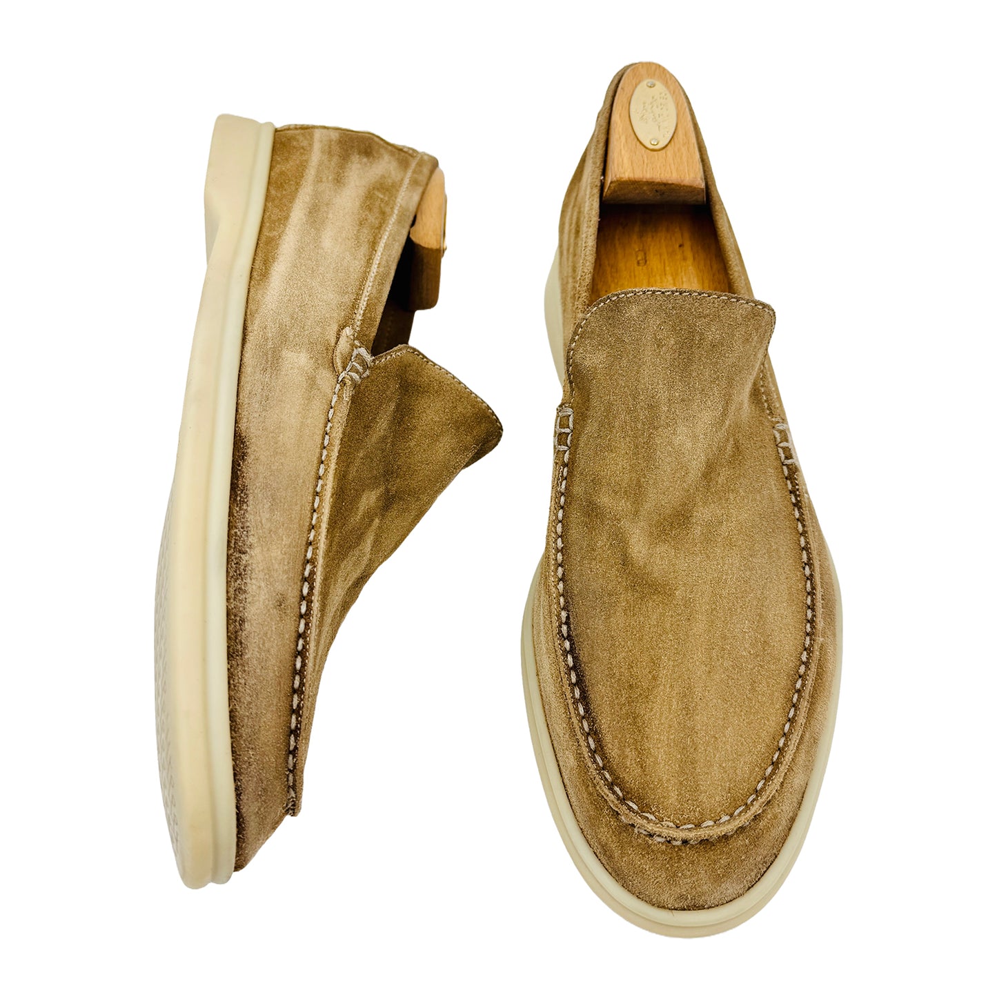 One shoe side and one shoe Front Image of Loro Piana Summer Walk Brown Loafers (Size 44.5)