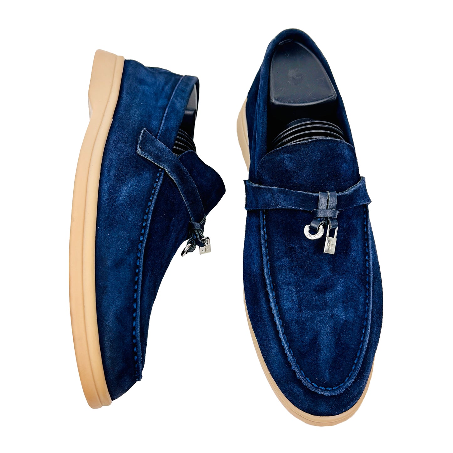 One shoe side and one shoe Front Image of Loro Piana Summer Walk Dark Blue Loafers (Size 39)