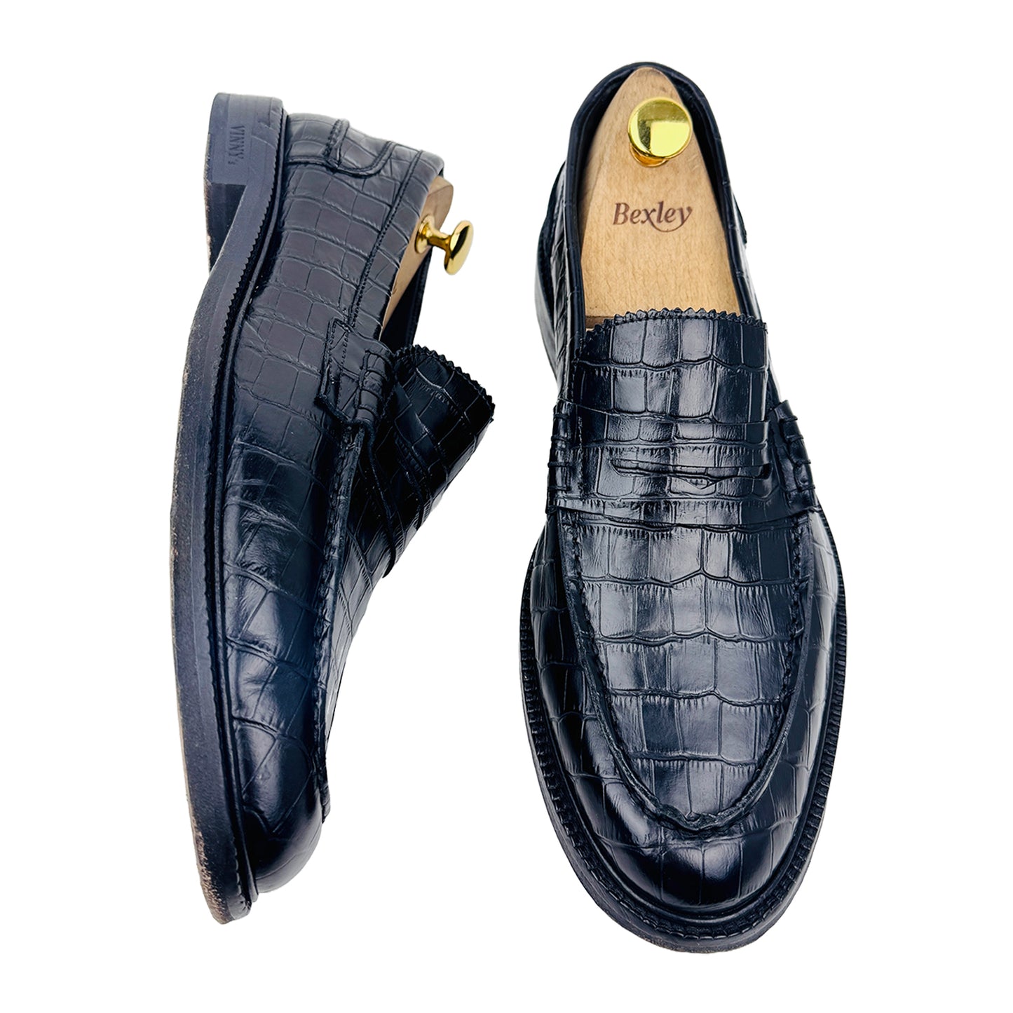 One shoe side and one shoe Front Image of Vinny's Townee Croc-Effect Penny Black Loafers (Size 44)