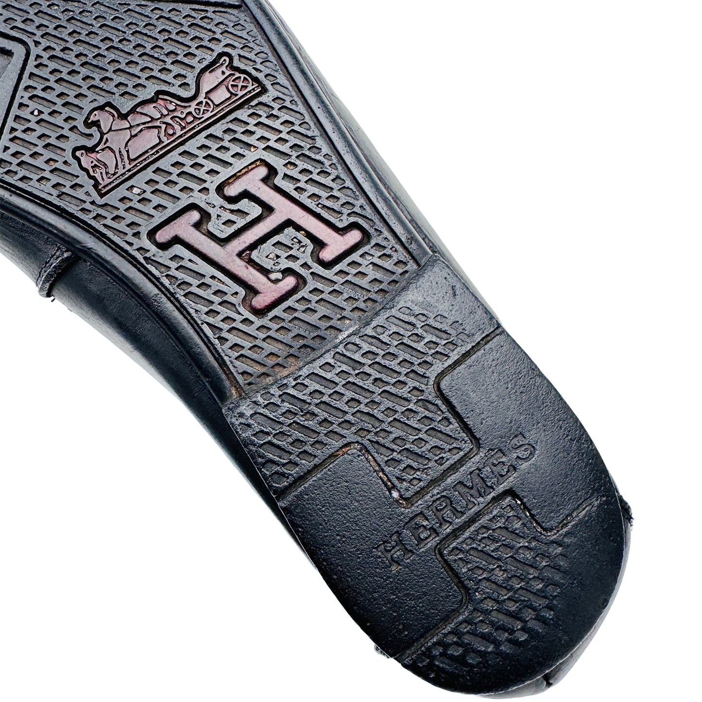 Outsole embossing closeup image of Hermes Men's H Metal Buckle Loafers (Size 43.5/44)