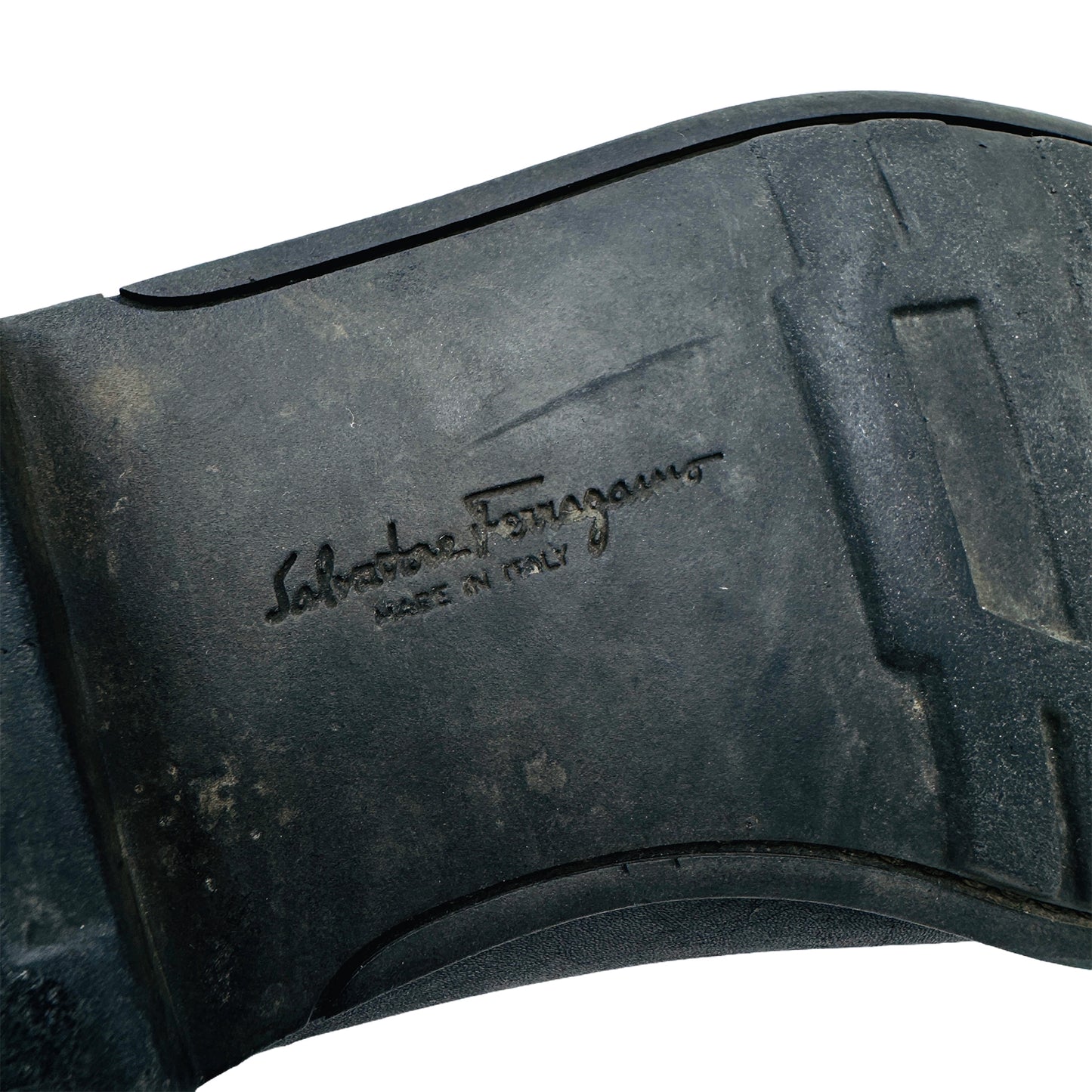 Outsole embossing closeup image of Salvatore Ferragamo Men's Black Leather Loafers (Size 42.5/43)