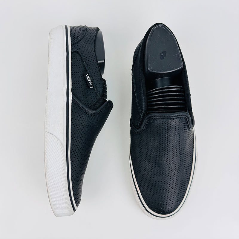 Vans Women's Asher Perforated Casual Slip-On Black Leather Shoes (Size 37)