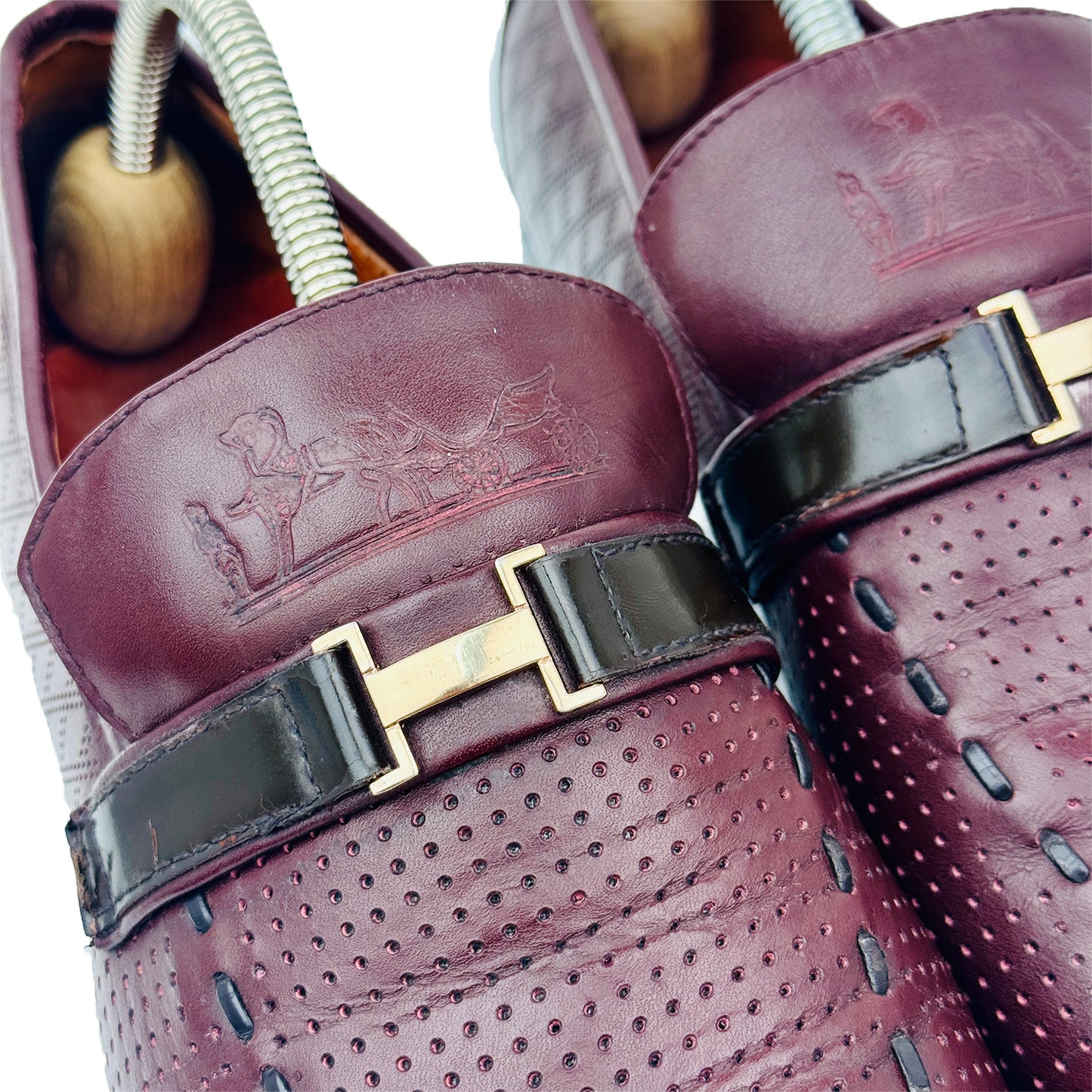 Hermes Burgundy Dotted Leather Loafer Shoes (Size 42/42.5)