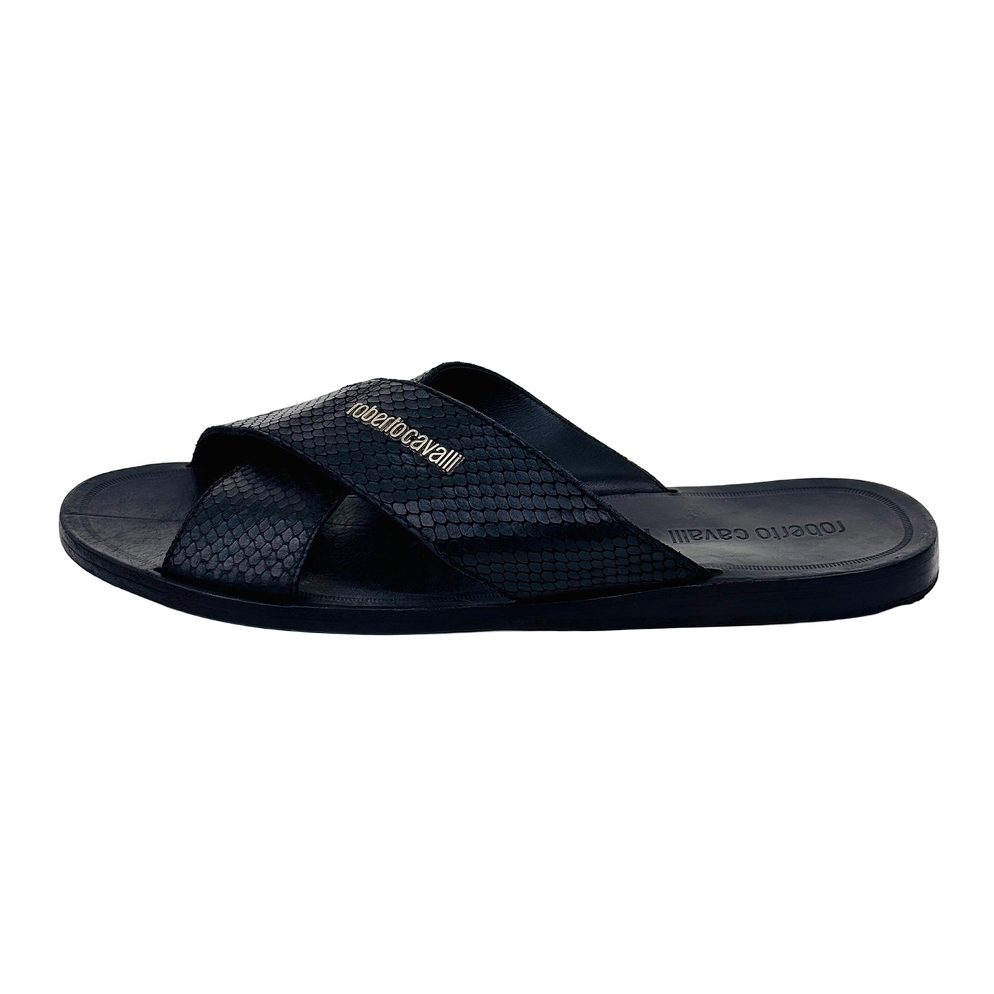 Roberto Cavalli Snake-Embossed Crossband Slippers (Size 43.5/44) - 5489