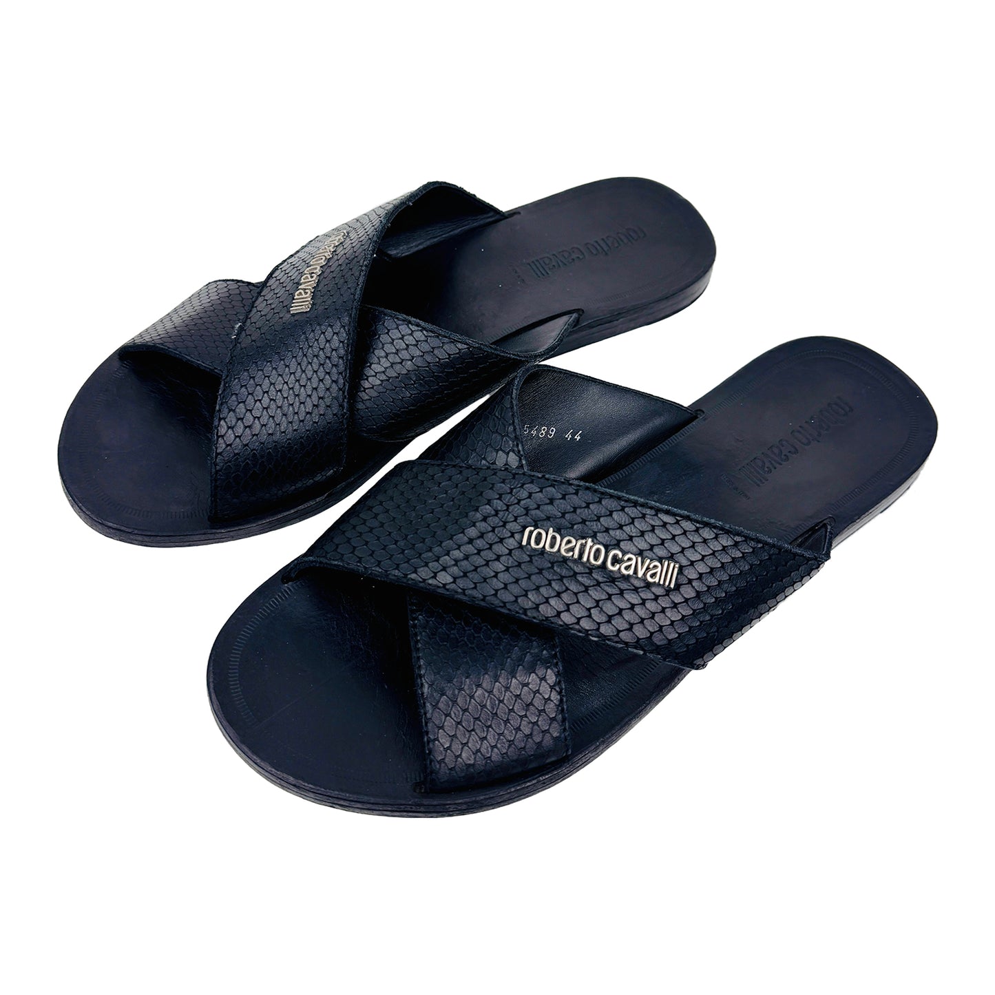 Roberto Cavalli Snake-Embossed Crossband Slippers (Size 43.5/44) - 5489