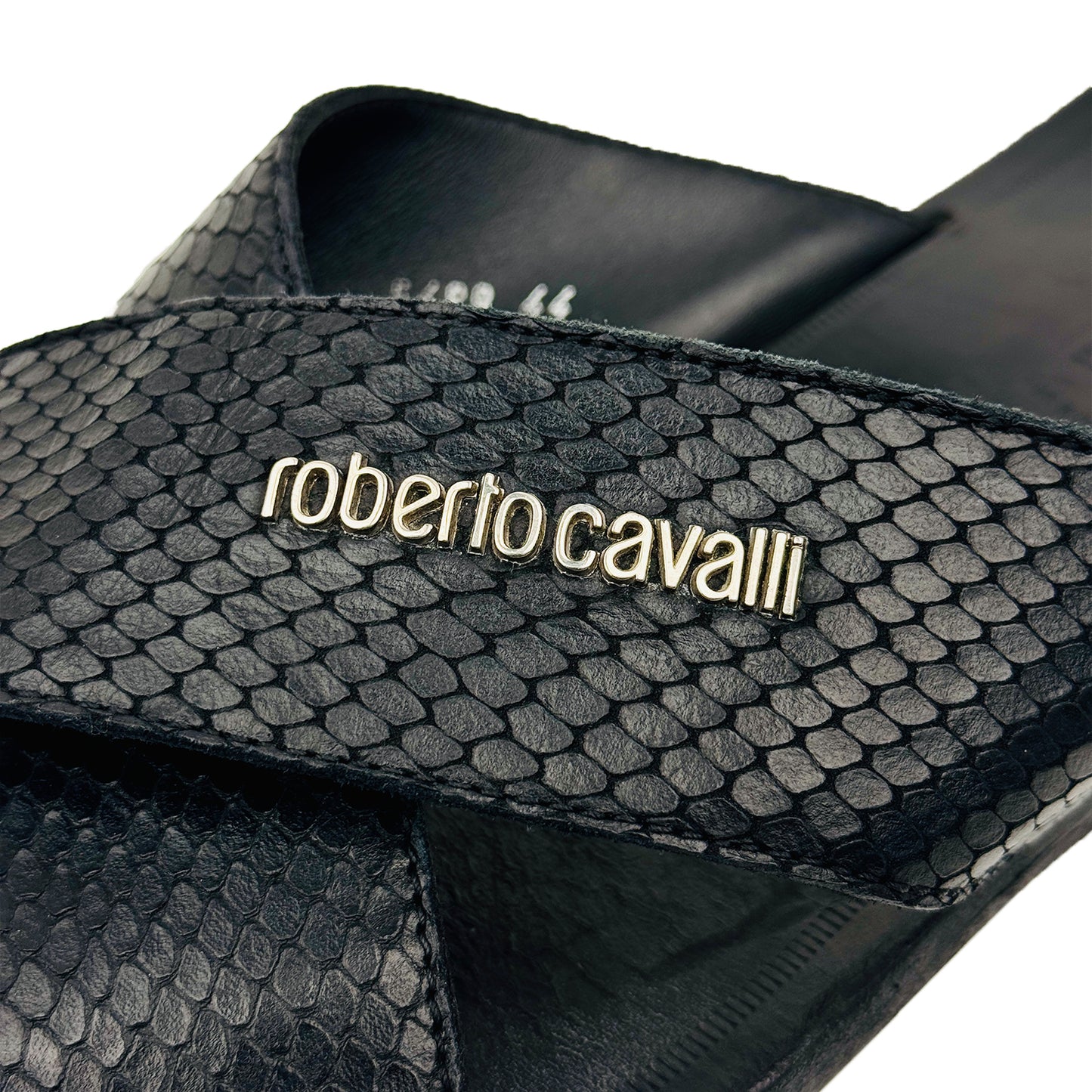 Roberto Cavalli Snake-Embossed Crossband Slippers (Size 43.5/44) - 5489