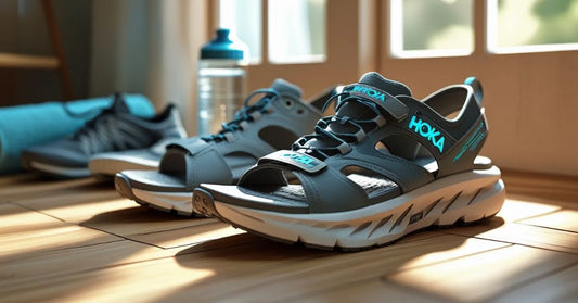 Hoka recovery sandals by a window with running shoes and water bottle