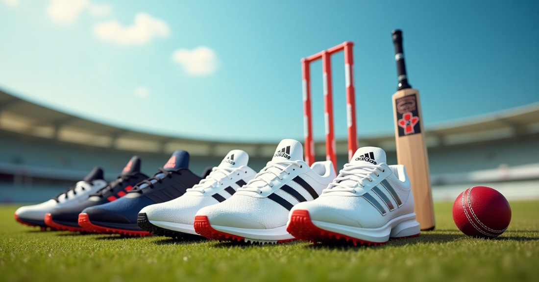 Adidas cricket shoes on a stadium field with stumps, bat, and ball.