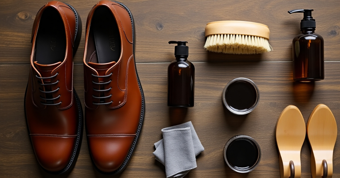 Polished brown leather Oxford shoes with brush, polish, conditioner, cloth, and shoe trees neatly arranged on a wooden surface.