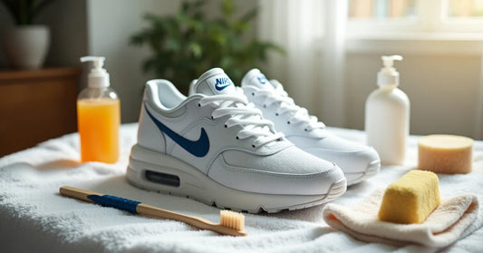 White Nike Air Max shoes with blue swooshes surrounded by cleaning tools on a towel in natural indoor light.