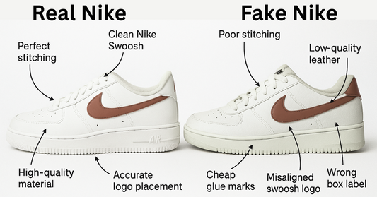 Side-by-side comparison of real vs fake Nike sneakers highlighting key differences