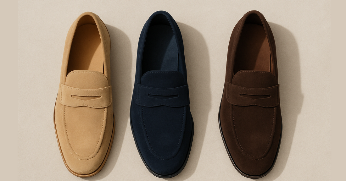 Three Loro Piana Loafers in beige, navy, and brown arranged side by side on a beige background.