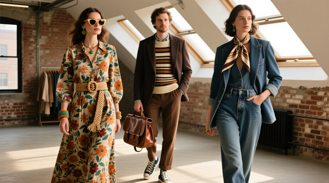 three models in a sunlit loft wearing a floral dress, striped knit with blazer, and denim suit with scarf, walking forward – preloved fashion