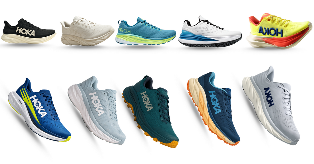 The image displays a selection of Hoka running shoes, showcasing various styles and colors designed for different types of runners.