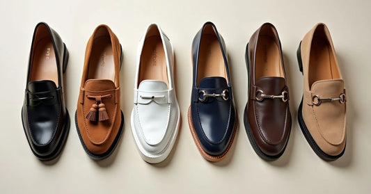 Six styles of loafer shoes in leather and suede, displayed to highlight their design and texture.
