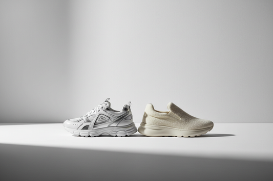Two sneakers placed heel to heel on white surface with dramatic side lighting for editorial blog feature