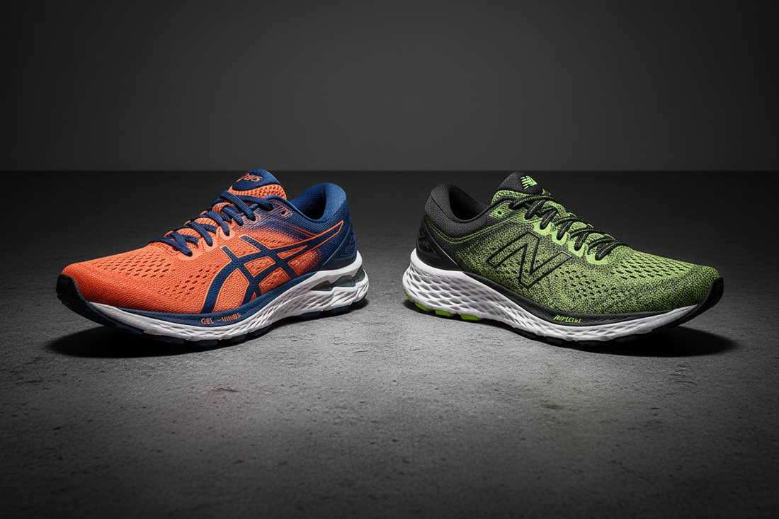 ASICS and New Balance running shoes side by side on a dark surface showing design and support differences