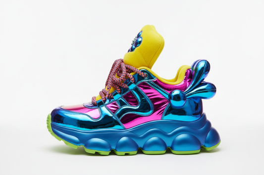 A bold avant-garde luxury sneaker with exaggerated proportions shot on a clean white background in minimalist product photography style