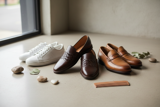 Collection of traditional and modern footwear options for shalwar kameez including Peshawari chappal, leather loafers, and sneakers