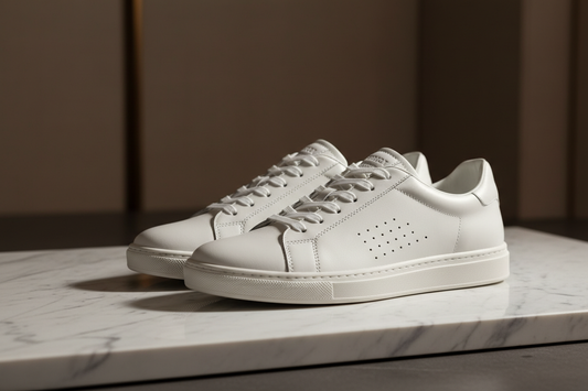 White leather sneakers for men displayed on marble surface Pakistan style guide