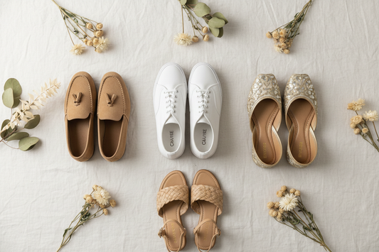 Premium flat lay of a curated shoe collection including white sneakers, tan loafers, metallic khussa, and beige sandals on cream linen with dried flower accents