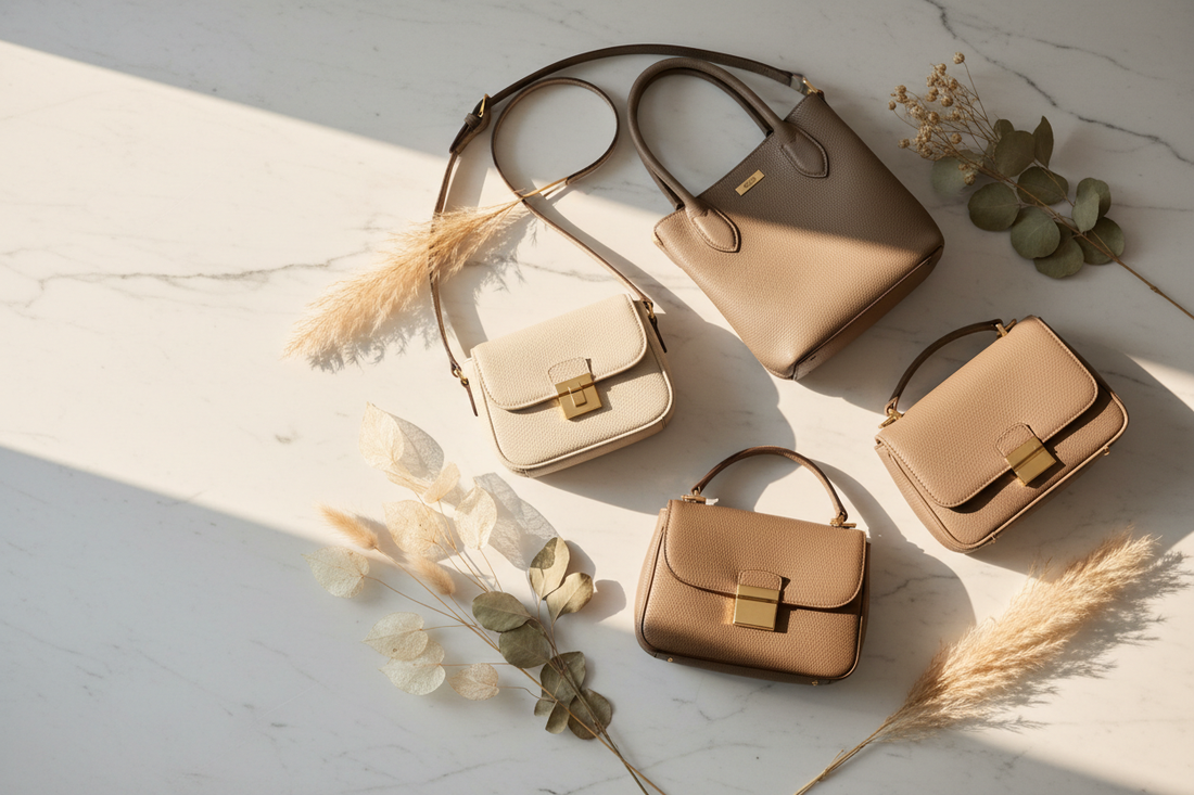 Three curated preloved handbags on marble surface with botanicals — Preloved Treasures Pakistan