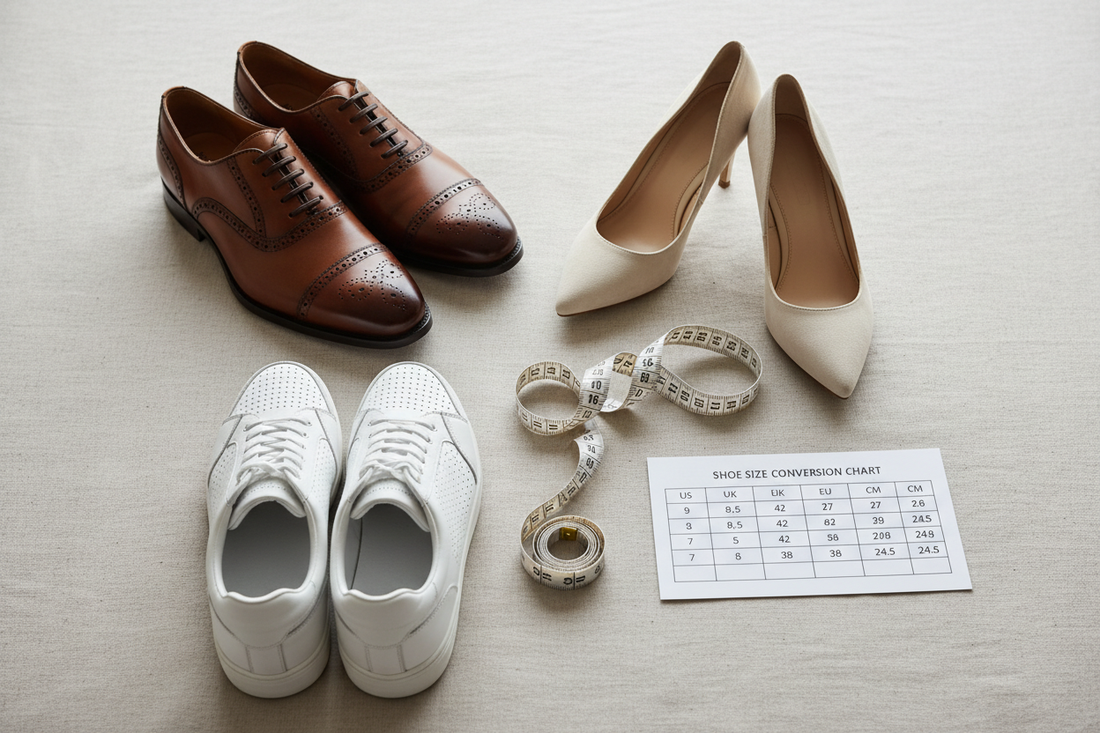 EU to UK shoe size conversion guide featuring designer shoes and measuring tools for Pakistani buyers