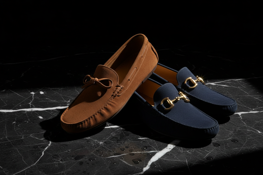 Tod's Gommino and Ferragamo Gancini loafers dramatically lit on a dark marble surface for a luxury editorial comparison