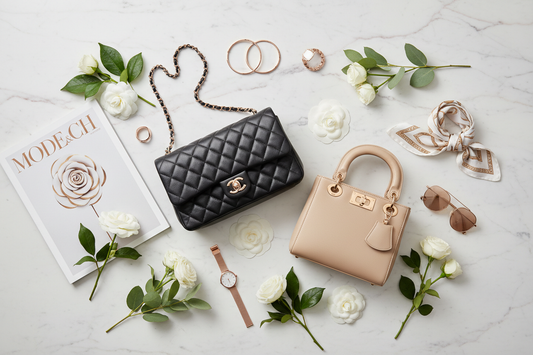 Flat lay of a quilted black classic flap bag and structured beige lady bag on white marble with white flowers, luxury editorial styling