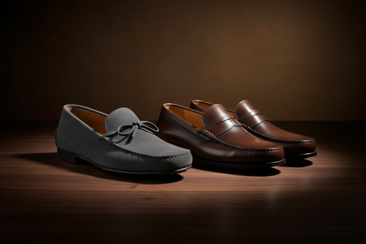 Suede driving loafer and polished leather penny loafer displayed on a dark walnut wooden surface with studio lighting