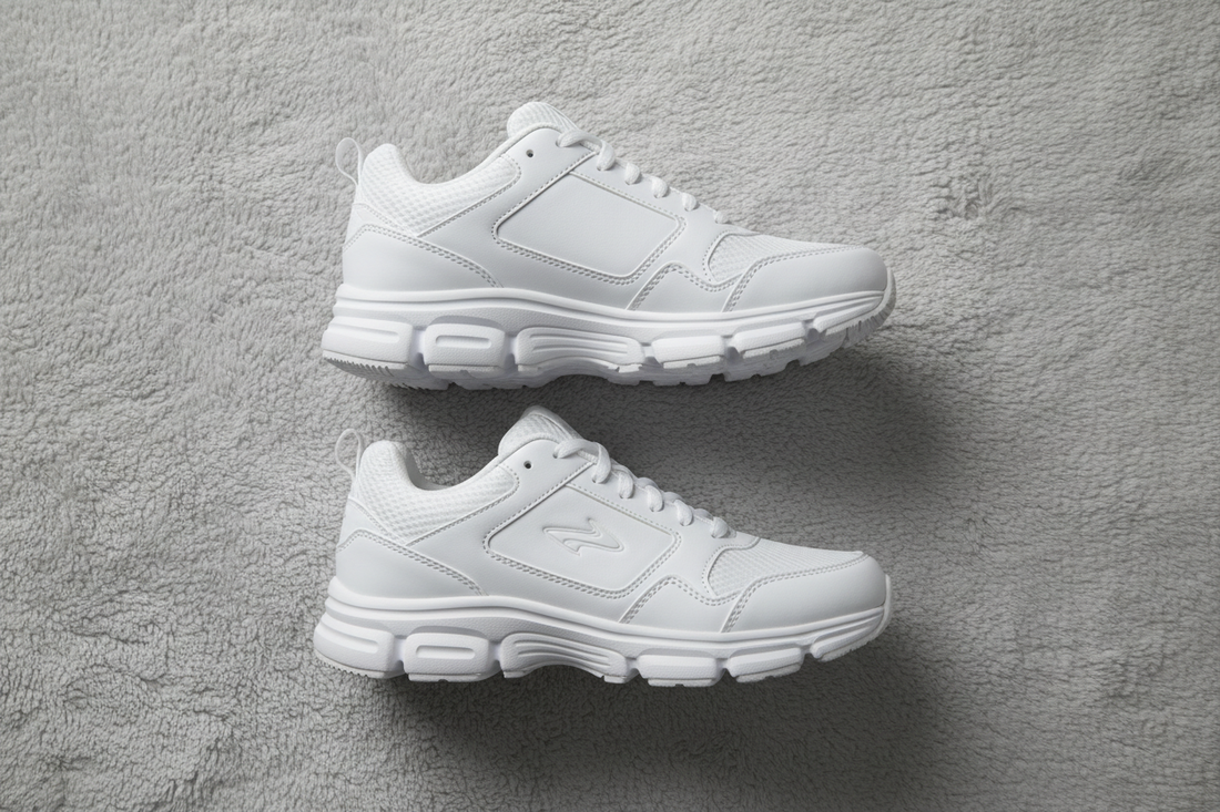 Overhead flat-lay of white supportive shoes on grey surface for flat feet blog