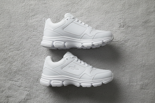 Overhead flat-lay of white supportive shoes on grey surface for flat feet blog