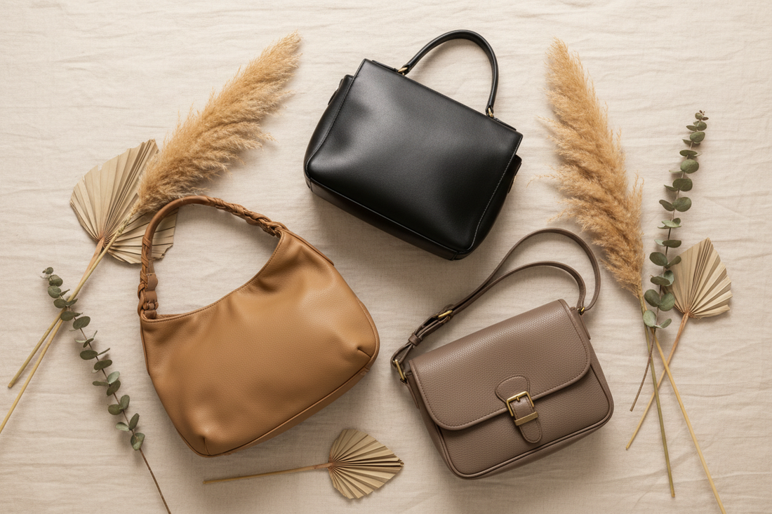 Curated flat lay of three timeless preloved handbags in black, tan, and taupe on a warm textured background with dried botanicals