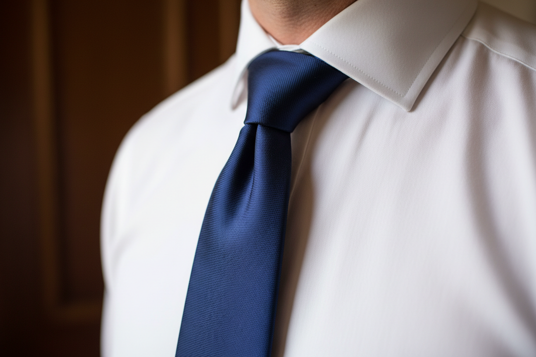 Close-up of a perfectly tied navy silk tie with a clean dimple and white dress shirt collar