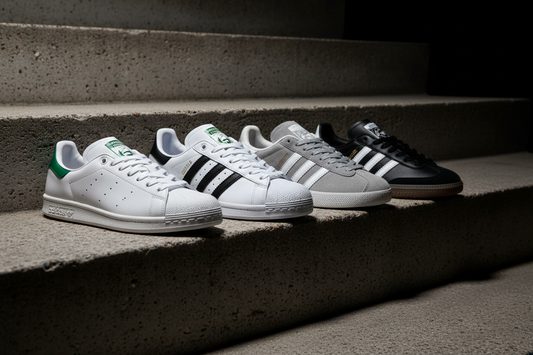 Adidas Stan Smith vs Superstar vs Gazelle vs Samba sneaker comparison showing all four classic models with Adidas branding